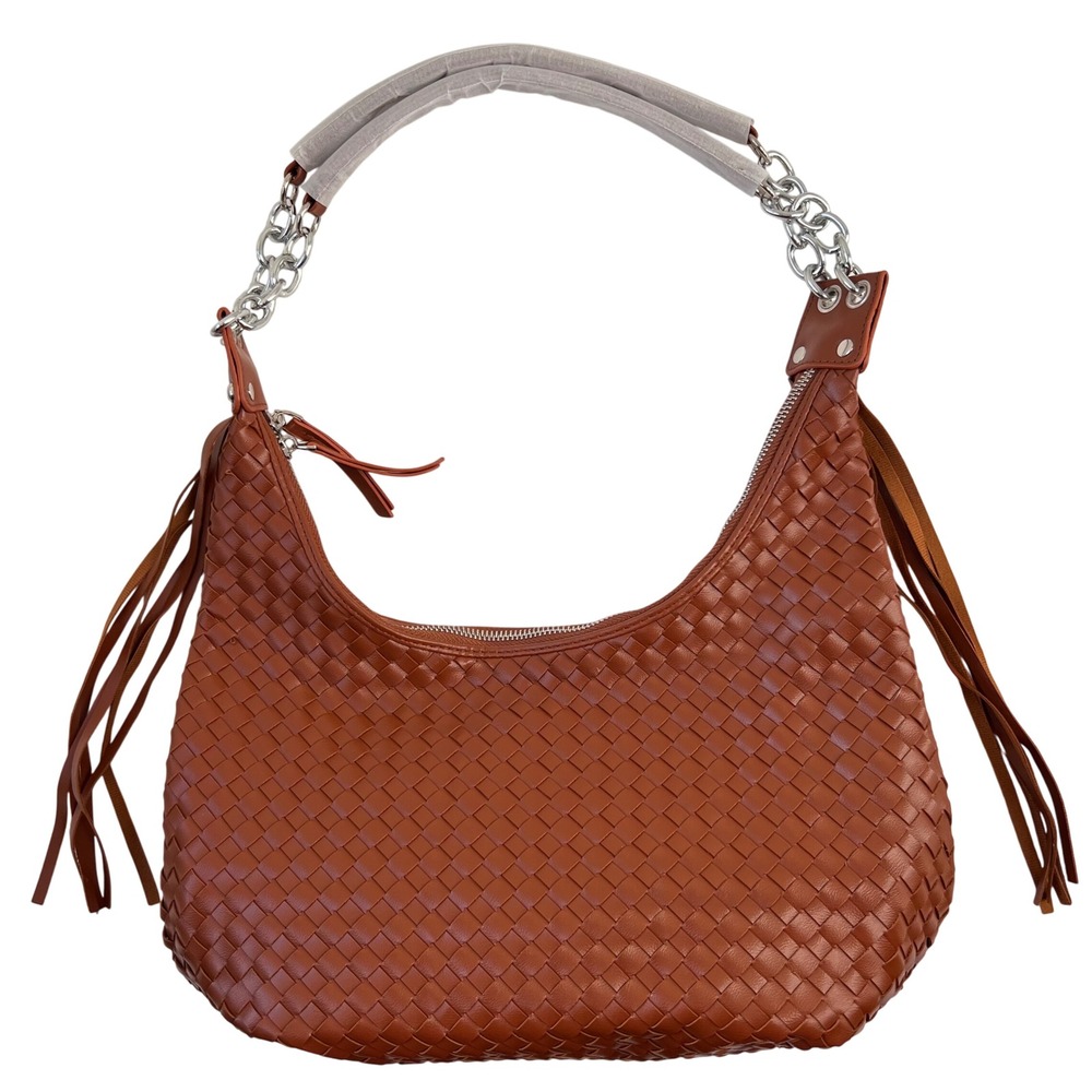 Vegan Leather NEW Woven Hobo Bag with Chain‎ Strap and Tassels Zip Closure Brown